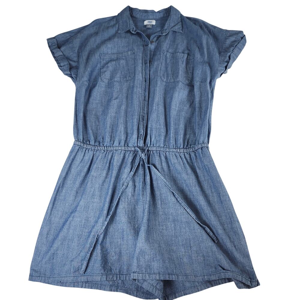 Old Navy Womens XL Denim Look Chambray Romper Drawstring Waist 100% Cotton